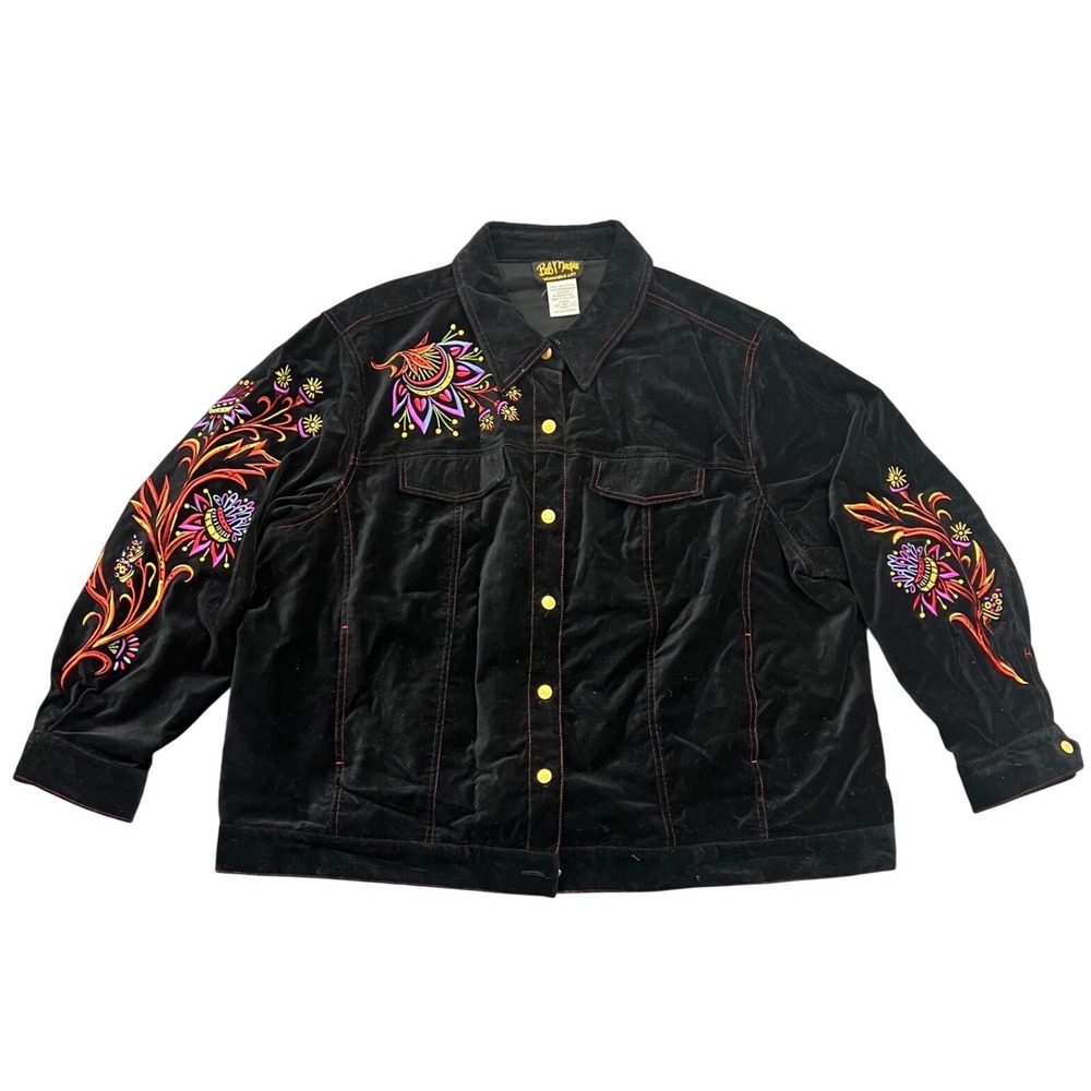 Bob Mackie Wearable Art Velvet Jacket Womens 3X Black Floral Embroidered A35291